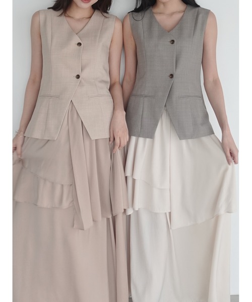 ワンピース ティアードスカートドッキングベストワンピース「セットアップ対応」「夏服」「オフィスカジュアル」の画像