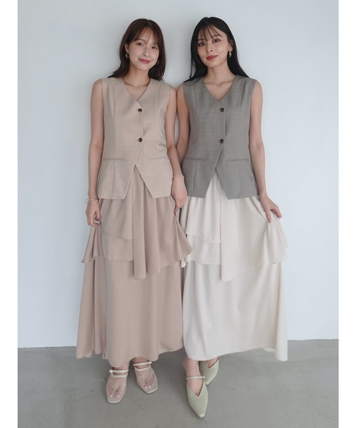 ワンピース ティアードスカートドッキングベストワンピース「セットアップ対応」「夏服」「オフィスカジュアル」の画像