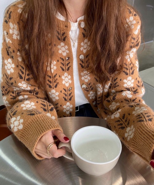 着物カーディガン 羽織 和柄 山水画 総柄 ゆるダボ ベージュ 古着 SHOUYO カーディガン 花柄ジャカードゆるニット／ブラック・ブラウン