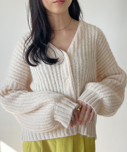 カーディガン 畦編みVネックパフスリーブカーディガン レディース