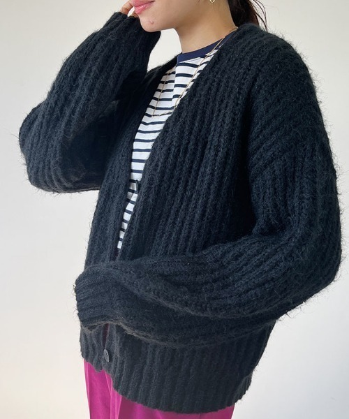 カーディガン 畦編みVネックパフスリーブカーディガン レディース