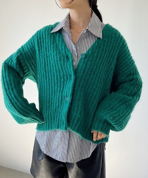 ヴェルメイユパーイエナ ウール100 パフスリーブ リブカーディガン 黒 F wool モールニット カーディガン（カーディガン）｜VERMEIL par iena
