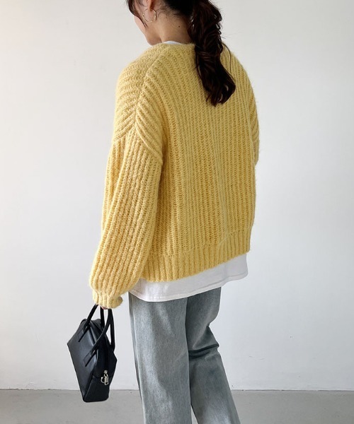 カーディガン 畦編みVネックパフスリーブカーディガン レディース