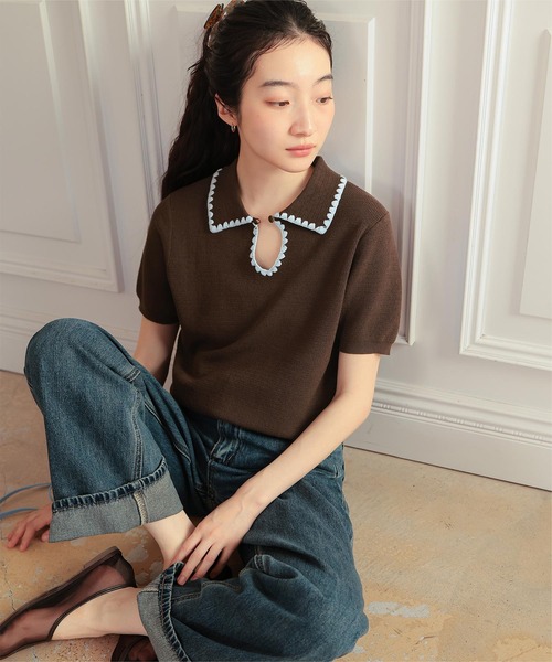 miette（ミエット） ニット セーター 配色ステッチ涙あきポロニット