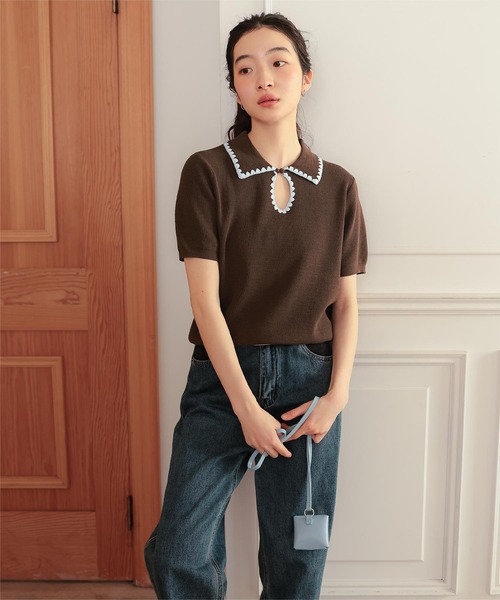 miette（ミエット） ニット セーター 配色ステッチ涙あきポロニット