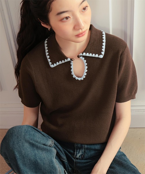miette（ミエット） ニット セーター 配色ステッチ涙あきポロニット