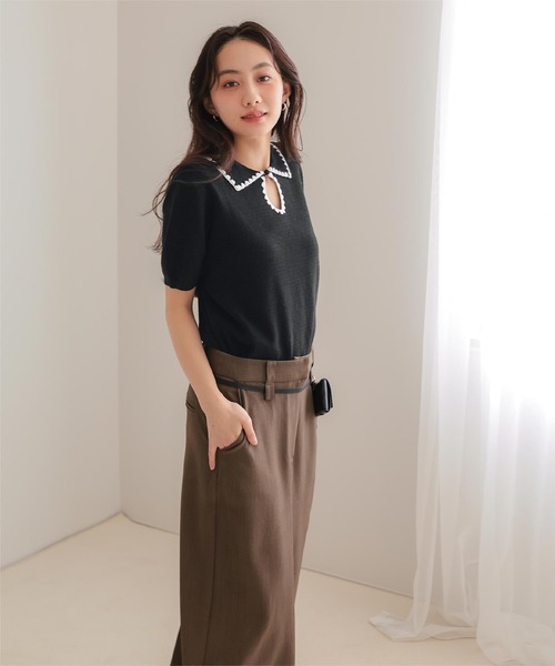 miette（ミエット） ニット セーター 配色ステッチ涙あきポロニット