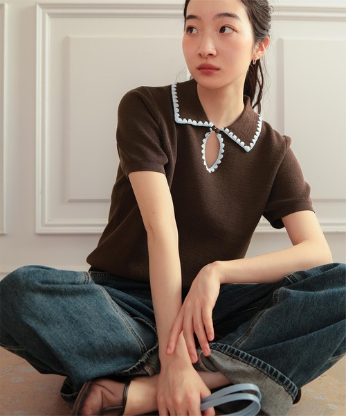 miette（ミエット） ニット セーター 配色ステッチ涙あきポロニット