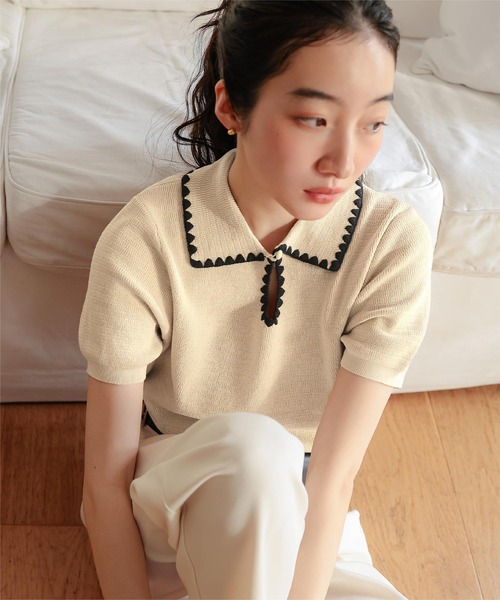 miette（ミエット） ニット セーター 配色ステッチ涙あきポロニット