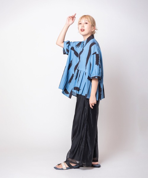 美品✨サカイ 変形シャツ バックプリーツ アシンメトリー 半袖ブラウス ネイビー OSMOSIS（オズモーシス） ブラウス シャツ アシンメトリープリーツ