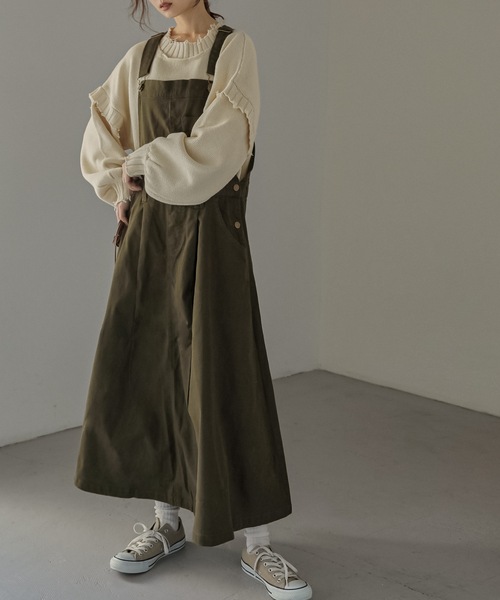 Fashion Letter ジャンパースカート ロング丈フレアサロペット