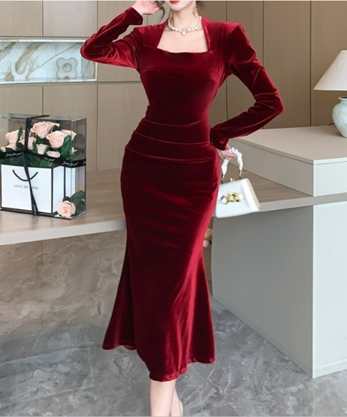 Ritomo De Ricco ドレス スクエアネックベルベットマーメイドドレス