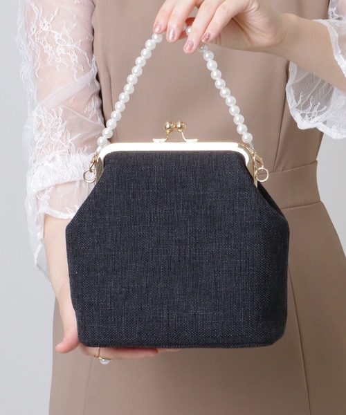 ビーズ花柄クラッチバッグ パーティーバッグ　ガマ口バッグネイビー赤黄白色 Lace Ladies クラッチバッグ パーティーバッグ パール