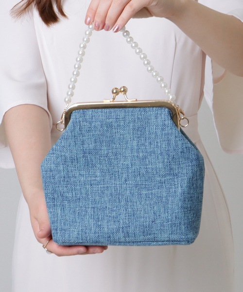 ビーズ花柄クラッチバッグ パーティーバッグ　ガマ口バッグネイビー赤黄白色 Lace Ladies クラッチバッグ パーティーバッグ パール