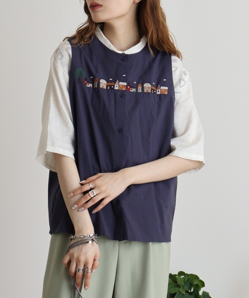 Emago ベスト ジレ EMAGO 街刺繍ベスト レディース : ZOZOTOWN
