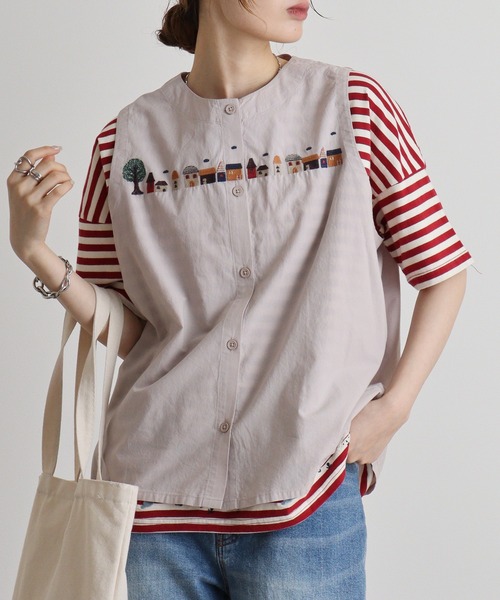 Emago ベスト ジレ EMAGO 街刺繍ベスト レディース : ZOZOTOWN