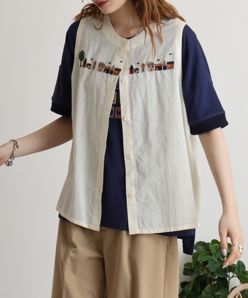 Emago ベスト ジレ EMAGO 街刺繍ベスト レディース : ZOZOTOWN
