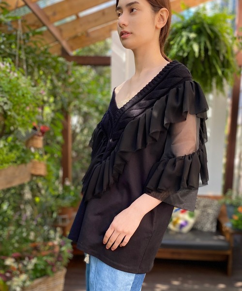 FLUMOR」 7分袖カットソー 38 ブラック レディース