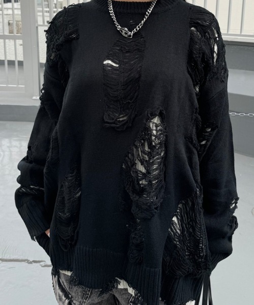 KsG ニット セーター ダメージクラッシュルーズグレーニット 