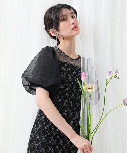 ダイヤレース マーメイド パフスリーブ バックリボン ワンピース