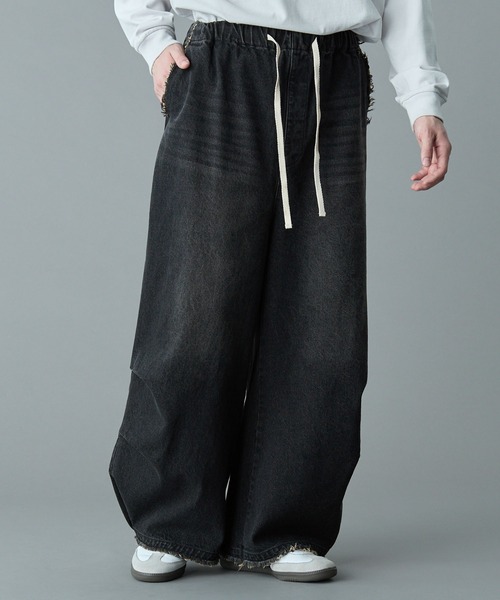 デニム・ジーパン No.0322 black denim parachute string PT RUUBON ジーンズ 「RUUBON」parachute fringe denim pants