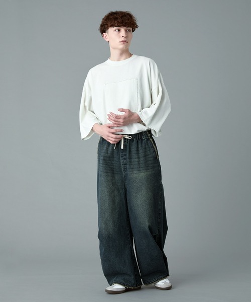 【BAON】[unisex] Rusho banding denim parachute pants HACODAN Denim Parachute Pants Cargo Pants for Women Baggy
