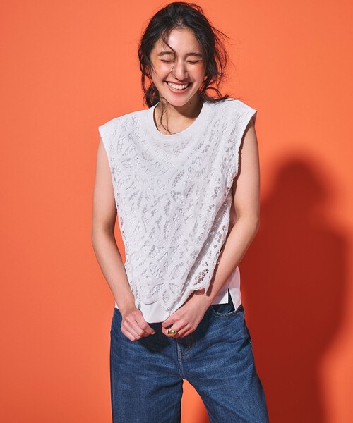 tシャツ 「洗える/汗じみ防止加工」エンブロイダリージャージー フレンチスリーブ カットソー レディース