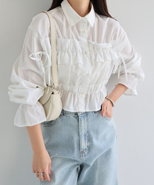 Freesia ブラウス シャツ ショート丈フリルシャツブラウス「無地