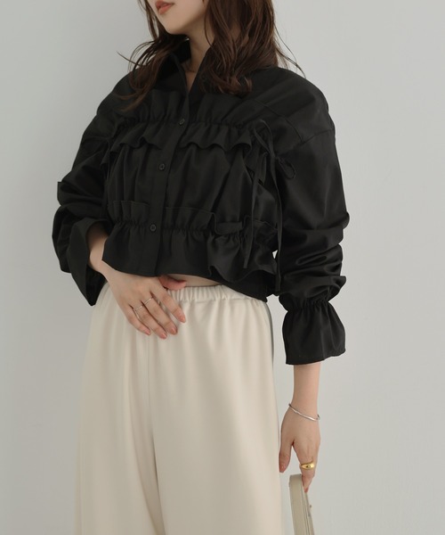 Freesia ブラウス シャツ ショート丈フリルシャツブラウス「無地 