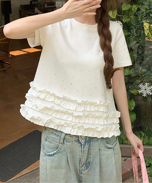 tシャツ 裾フリルビジューTシャツ レディース