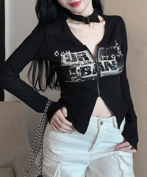 REMUR tシャツ ネックベルトフロントジップ長袖トップス レディース