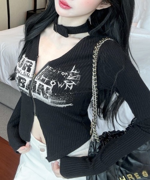 REMUR tシャツ ネックベルトフロントジップ長袖トップス レディース