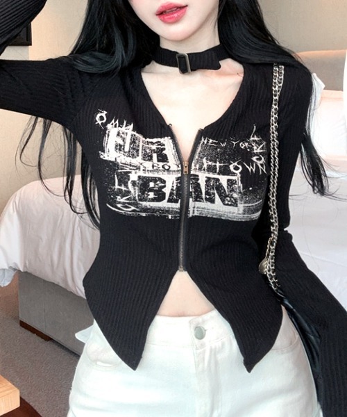 袖ジップ&ベルト長袖カットソー ブラック REMUR tシャツ ネックベルトフロントジップ長袖トップス レディース