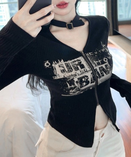 REMUR tシャツ ネックベルトフロントジップ長袖トップス レディース