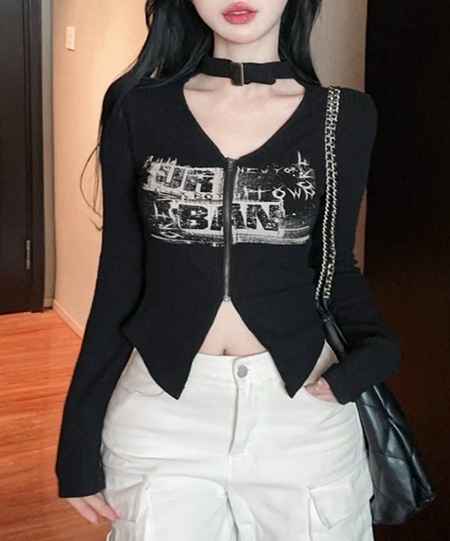 袖ジップ&ベルト長袖カットソー ブラック REMUR tシャツ ネックベルトフロントジップ長袖トップス レディース