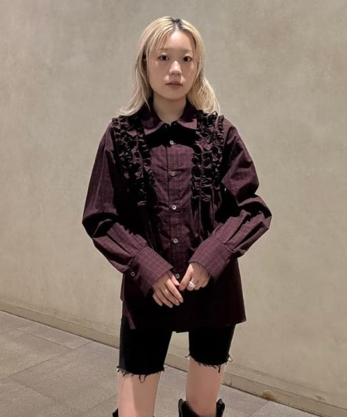 Ray BEAMS チェック フリル ブレード シャツ