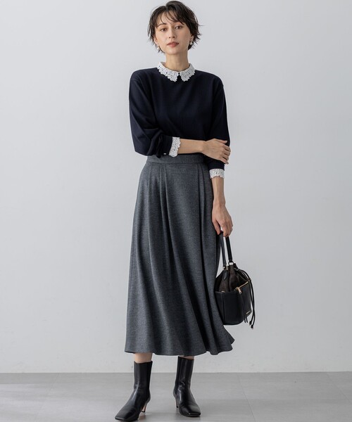 ニット セーター 「洗える」エンブロイダリー フラワーレースコンビ