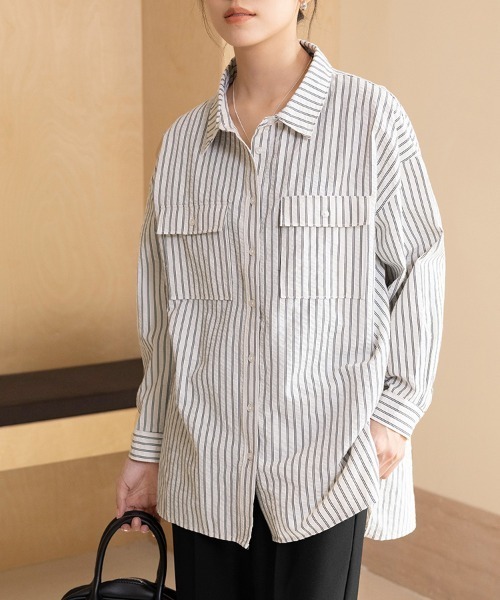 ほぼ未使用✨ebure 2way ローガンコットンストライプシャツ ブラウス ブラウス シャツ サイドスリット入りストライプシャツ レディース