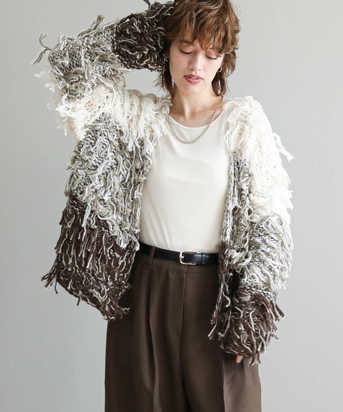 The rejoice カーディガン ハンドニットフリンジカーディガン