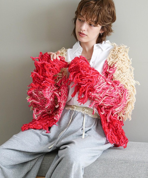 The rejoice カーディガン ハンドニットフリンジカーディガン