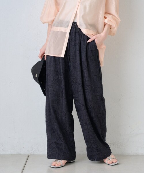 ワイドパンツ パンツ 「3サイズ展開」ボタニカルワイドイージーレースパンツ レディースの画像