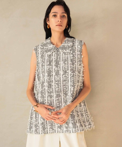 peony 　EFFE カラミリボンノースリーブツイードトップス ツイードフリンジトップス [C7343] - レディースファッション通販 神戸