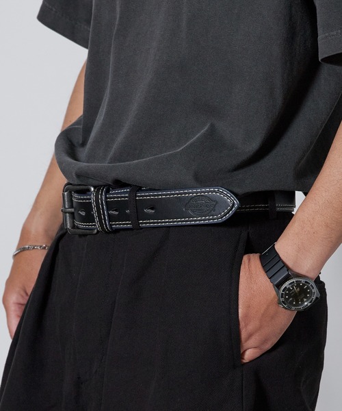 新品タグ付き！ブラック希少XXL 軽い着心地♪サイドラインロゴ　ベルトループ Dickies（ディッキーズ） ベルト PU ダブルレザーステッチ 2重ベルト