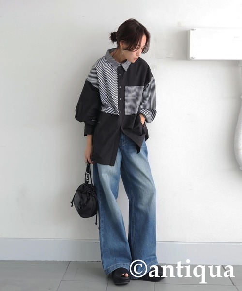 「antiqua」 長袖シャツ ONESIZE ブラック レディース_画像5
