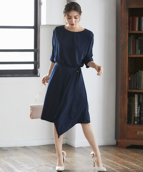 ドレス ベルト付きドルマンスリーブドレスワンピース 倉庫