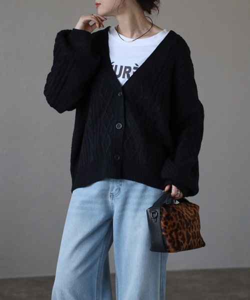 Fizz（フィズ） カーディガン ケーブル×鹿の子 ボリューム袖ニット