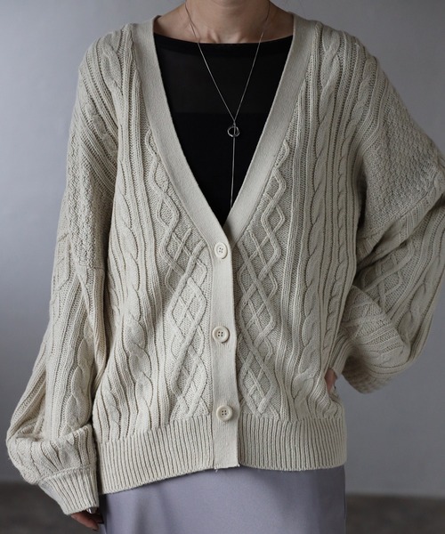 Fizz（フィズ） カーディガン ケーブル×鹿の子 ボリューム袖ニット
