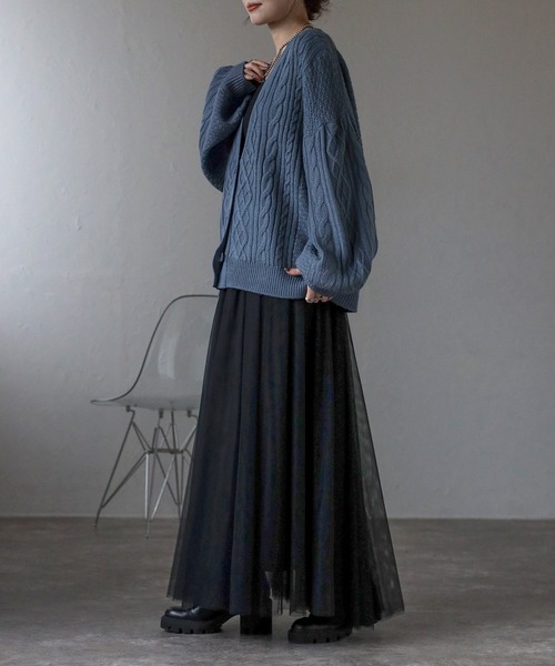 Fizz（フィズ） カーディガン ケーブル×鹿の子 ボリューム袖ニット