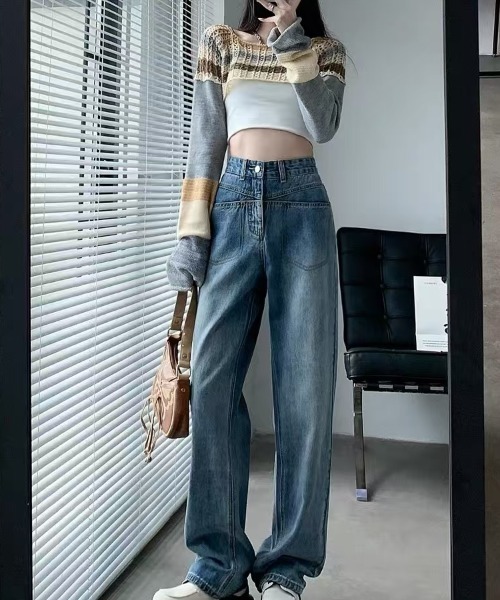 2色 ポケットチェック柄 ストレートワイド ミディ丈デニムパンツ ジーンズ デニム デニムパンツ ポケットアクセント ストレート