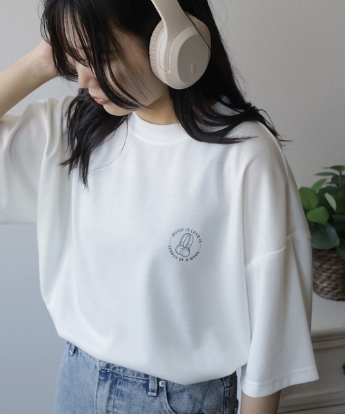 tシャツ 「0」ハート刺繍＆ガールイラスト LOVE MUSIC ビッグ